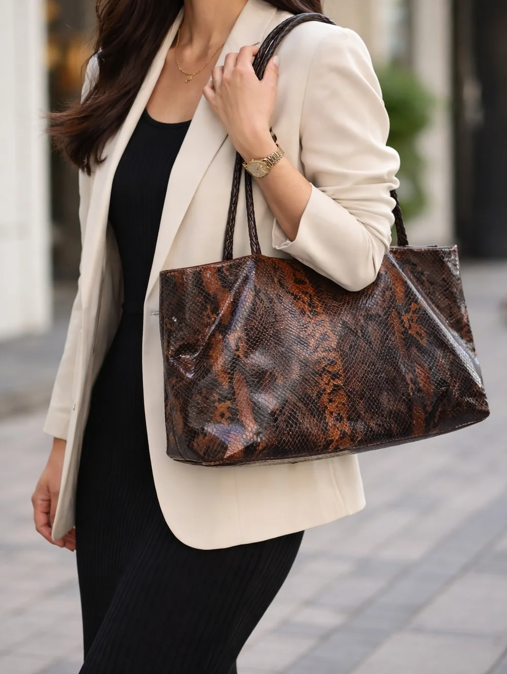 Falor Italian Leather Snakeskin Embossed Shoulder Bag Brown Black - Picture 2 of 14